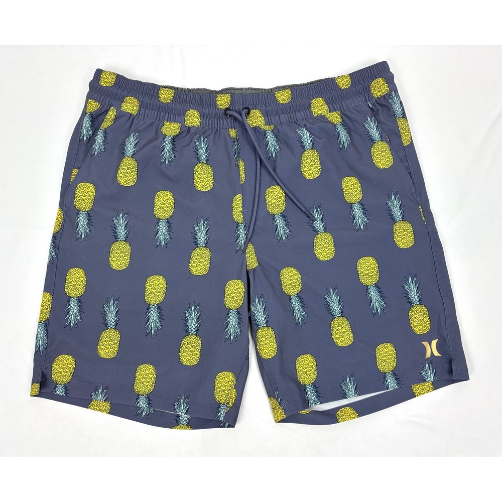 Hurley Men Large Swim Shorts Drawstring Lined Pineapple Blue/Gray Yellow